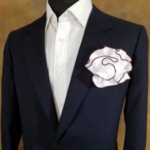 White Satin 2-in-1 Pouf Round Pocket Square with Plum Purple Trim